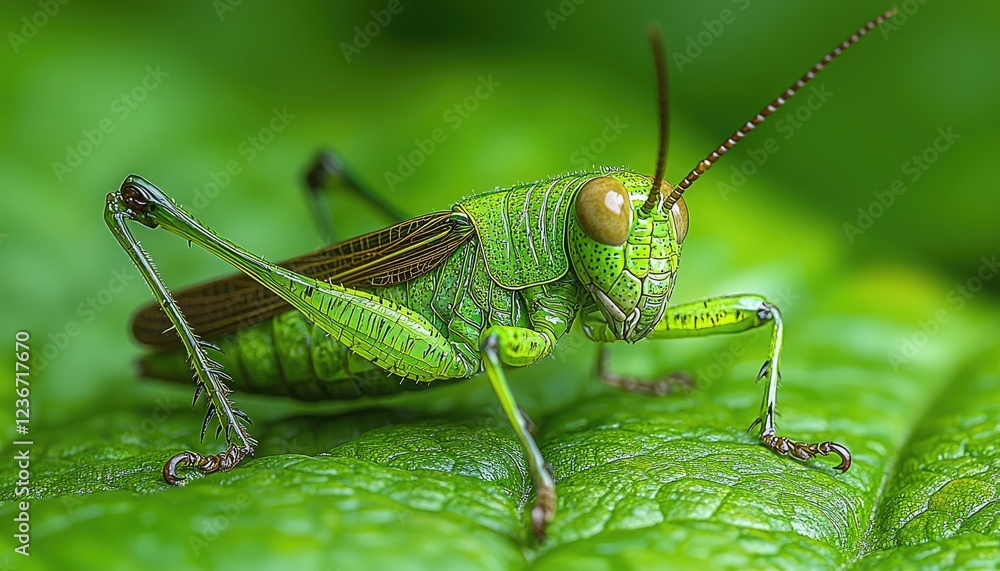 Fototapeta premium Vibrant Green Grasshopper on Lush Green Leaf