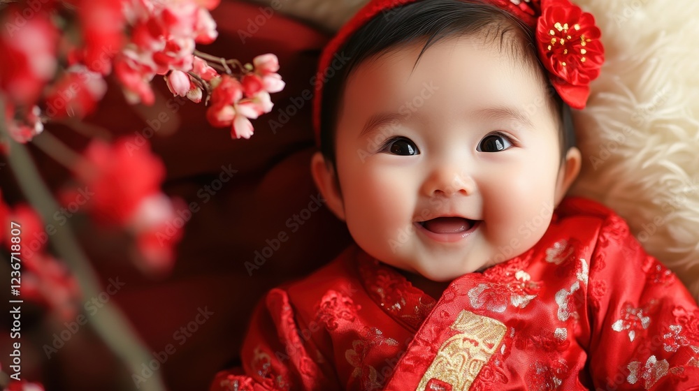 Happy Baby in Traditional Red Outfit with Flowers Happy Baby in Traditional Red Outfit with Flowers