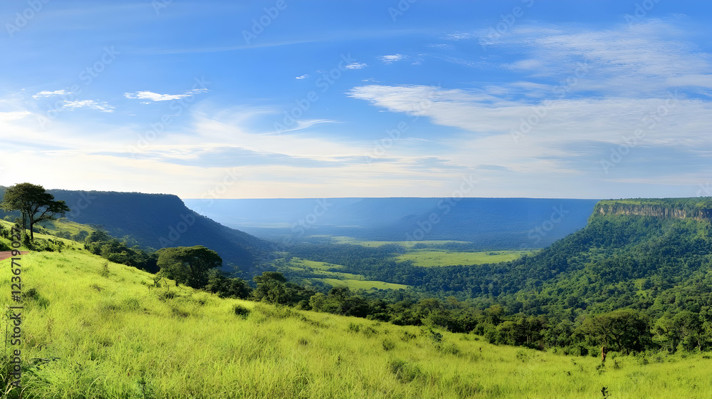 Panoramic view of a vast valley, lush green grasslands, and distant hills under a bright blue sky; ideal for travel brochures Panoramic view of a vast valley, lush green grasslands, and distant hills under a bright blue sky; ideal for travel brochures