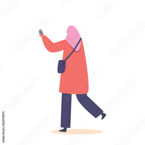 Arab Journalist or Reporter Female Character with Dictaphone Rear View. Muslim Woman Interview, News, Press Conference