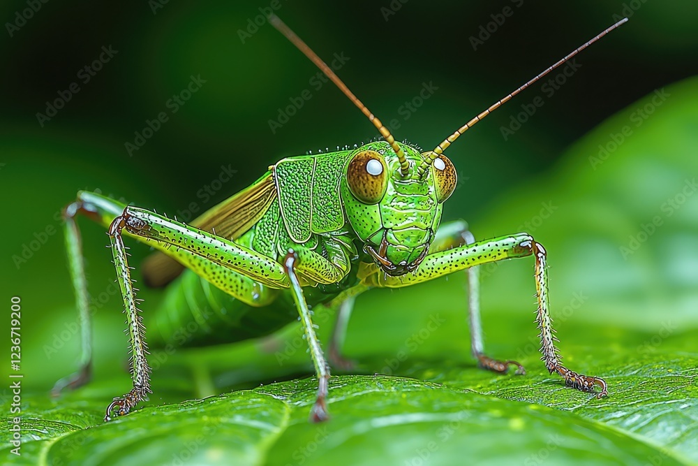 Vibrant Green Grasshopper on Lush Green Leaf Vibrant Green Grasshopper on Lush Green Leaf