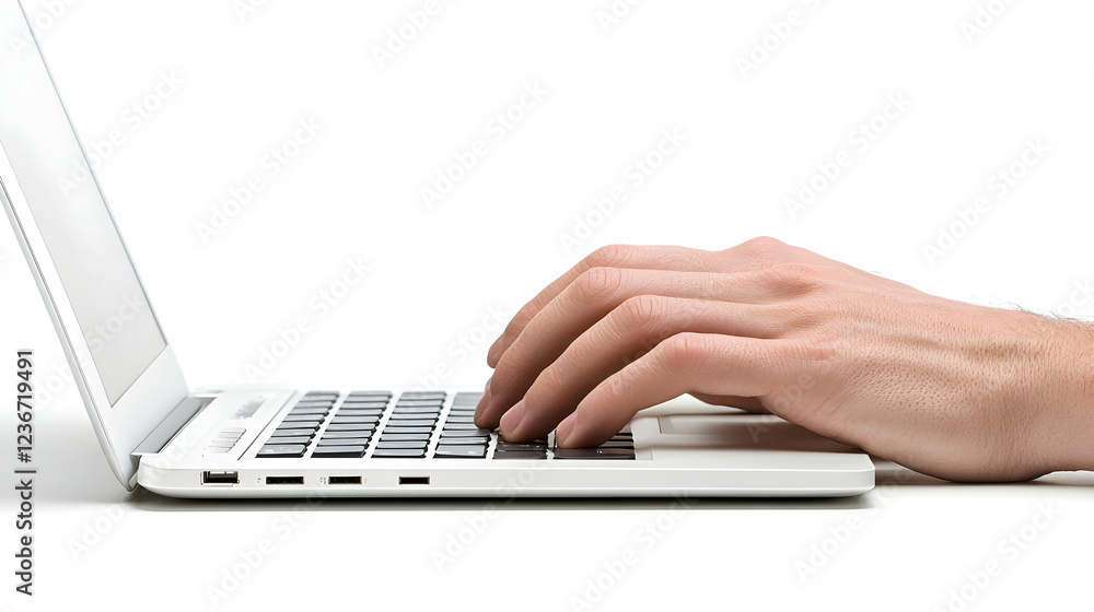 Person typing on laptop, white background, productivity concept, for websites or blogs Person typing on laptop, white background, productivity concept, for websites or blogs