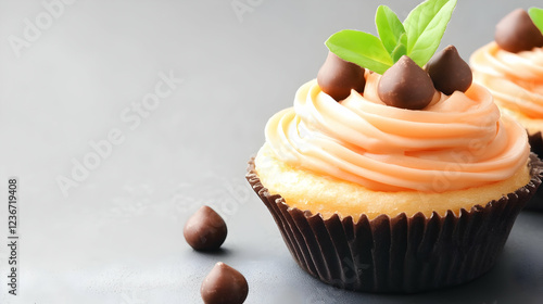 Peach cupcakes with chocolate chips and mint, close-up shot, gray background, perfect for baking blogs photo