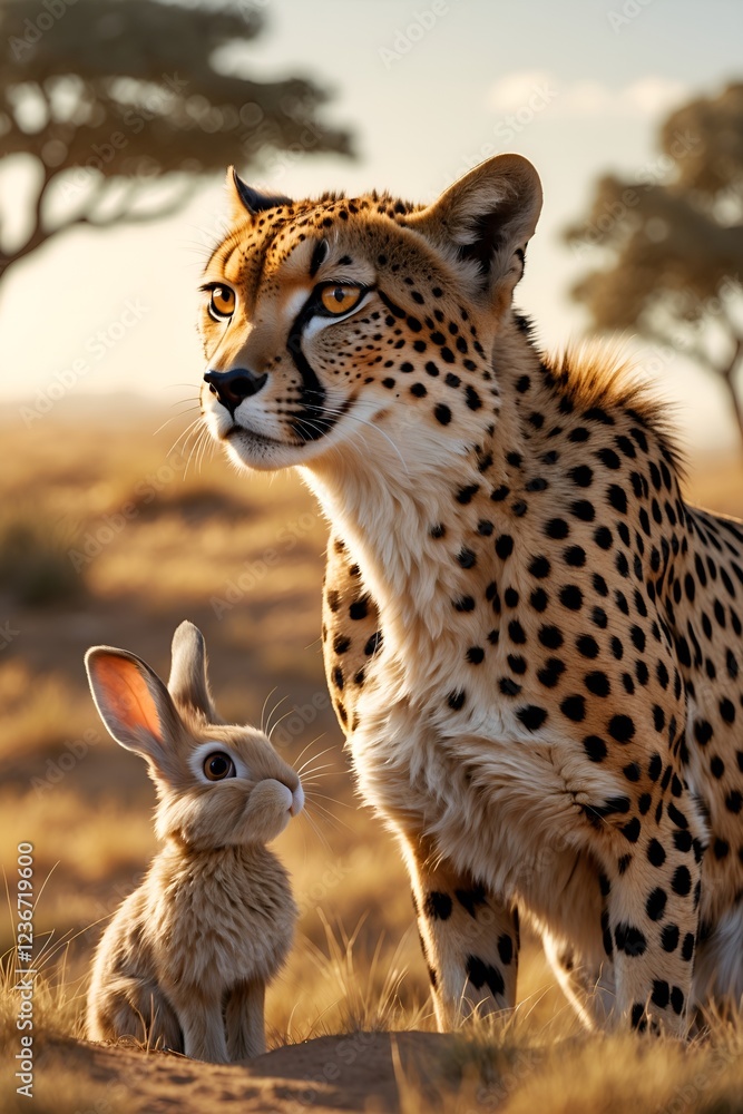 Fototapeta premium Cheetah standing proudly beside a curious rabbit in a golden savannah landscape 