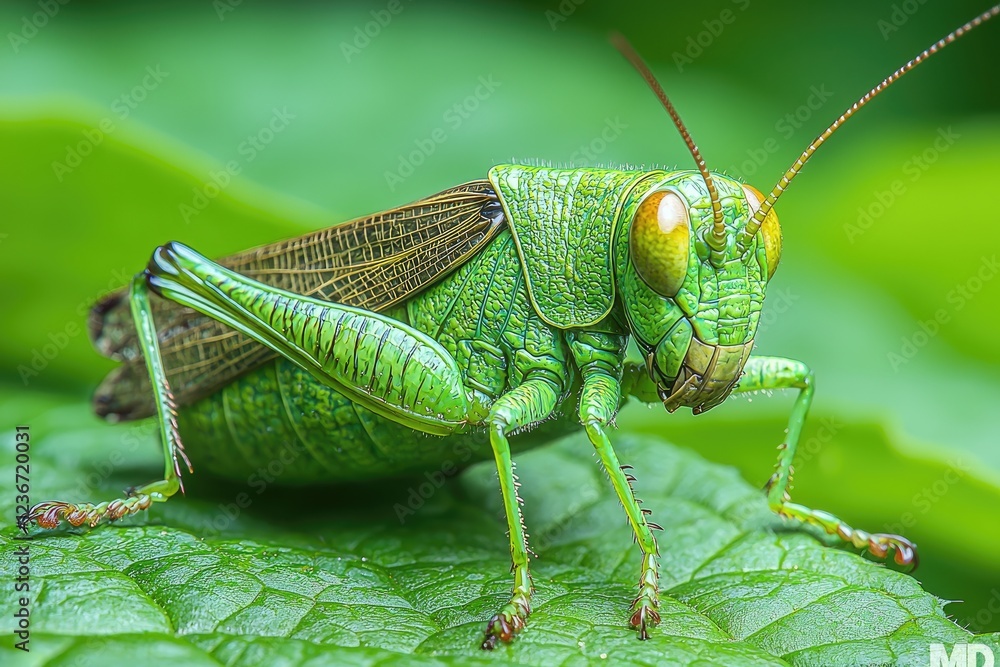 Fototapeta premium Vibrant Green Grasshopper on Lush Green Leaf