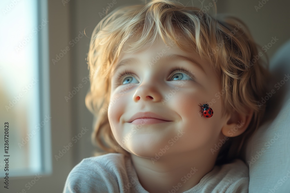 Thoughtful child captivated by a ladybug during a sunny afternoon indoors Thoughtful child captivated by a ladybug during a sunny afternoon indoors