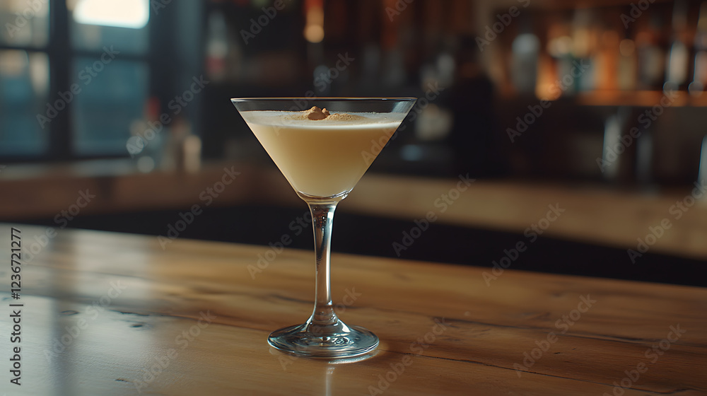 a cream-colored cocktail in a martini glass on a wooden table against a blurred background, close-up, with a bar interior in the background a cream-colored cocktail in a martini glass on a wooden table against a blurred background, close-up, with a bar interior in the background
