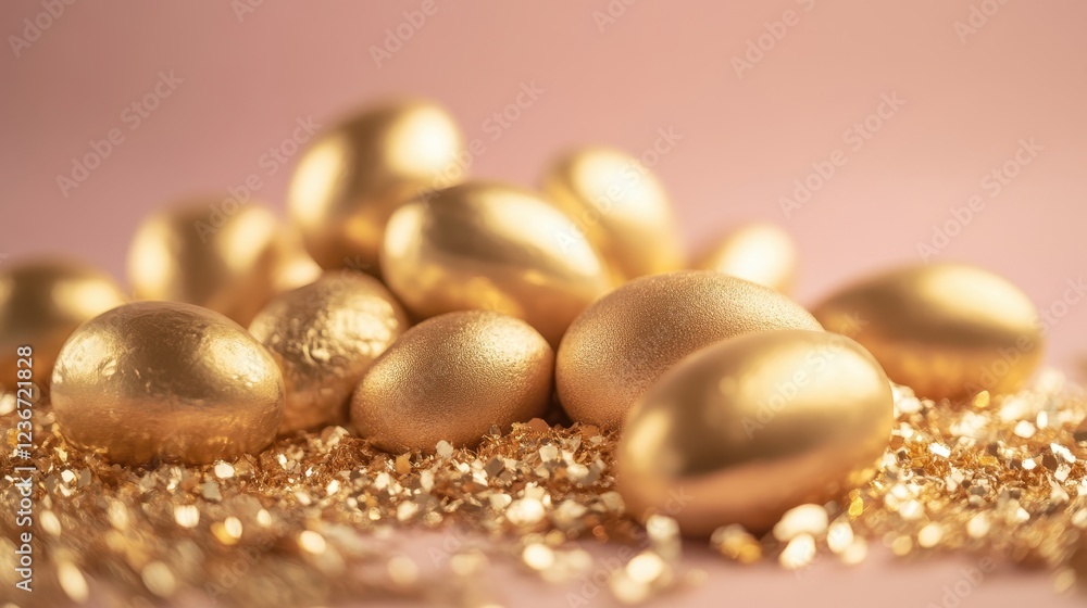 Golden Eggs with Shimmering Glitter Background Golden Eggs with Shimmering Glitter Background