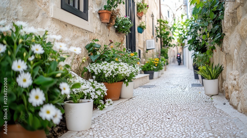 Naklejka premium Flower-lined alleyway in Mediterranean town