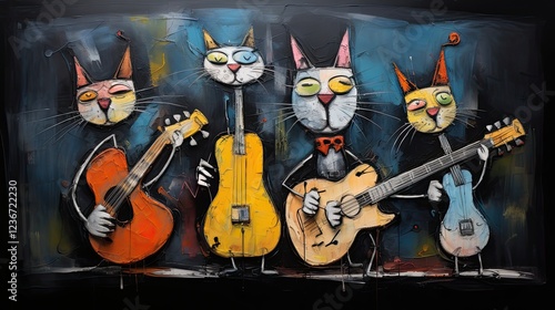 A painting of funny colorful 3d cartoon puppets caricatures of musicians and animals.with colorful background.	
