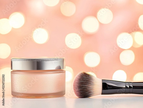 Elegant Cosmetic Cream Jar with Brush Against Sparkling Background photo