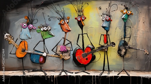 A painting of funny colorful 3d cartoon puppets caricatures of musicians and animals.with colorful background.	