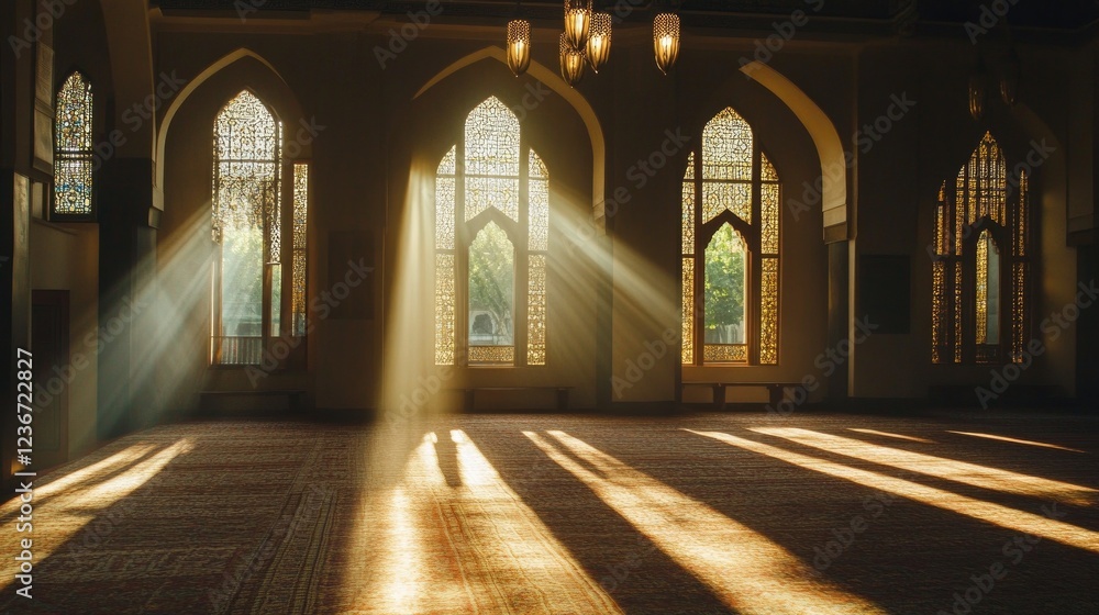 Sunbeams illuminate mosque interior, peaceful prayer hall, stained glass windows, tranquil scene, religious worship Sunbeams illuminate mosque interior, peaceful prayer hall, stained glass windows, tranquil scene, religious worship