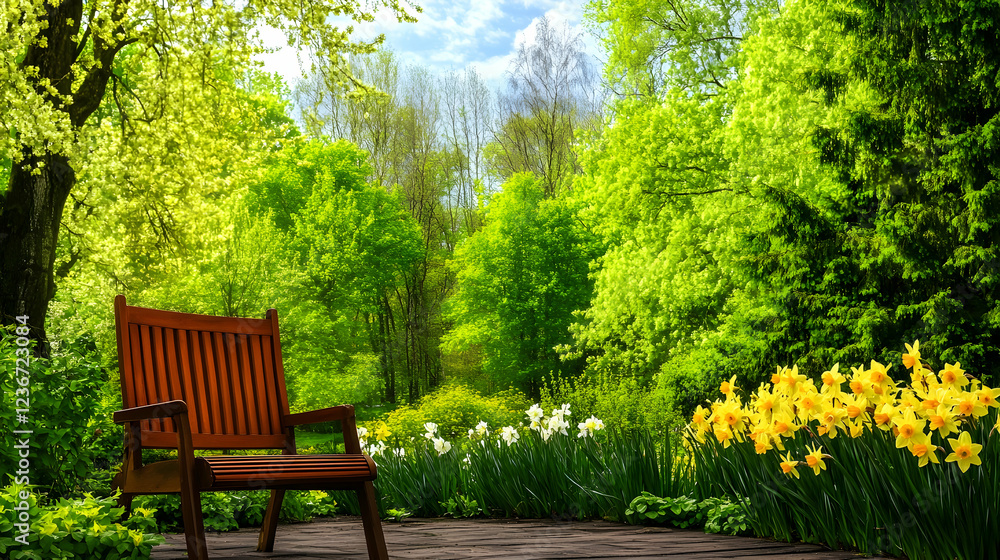 Serene spring garden scene wooden chair, daffodils, lush trees, mountain backdrop; ideal for relaxation, nature, or travel websites Serene spring garden scene wooden chair, daffodils, lush trees, mountain backdrop; ideal for relaxation, nature, or travel websites