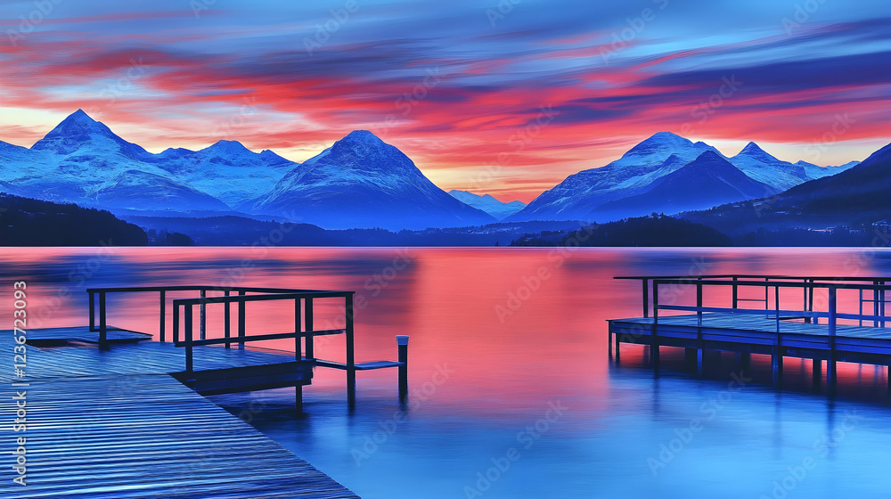 Obraz premium Serene sunrise over alpine lake, two docks reflecting in calm water, majestic snow-capped mountains backdrop; ideal for travel brochures
