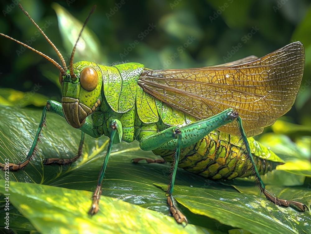 Vibrant Green Grasshopper on Lush Green Leaf Vibrant Green Grasshopper on Lush Green Leaf