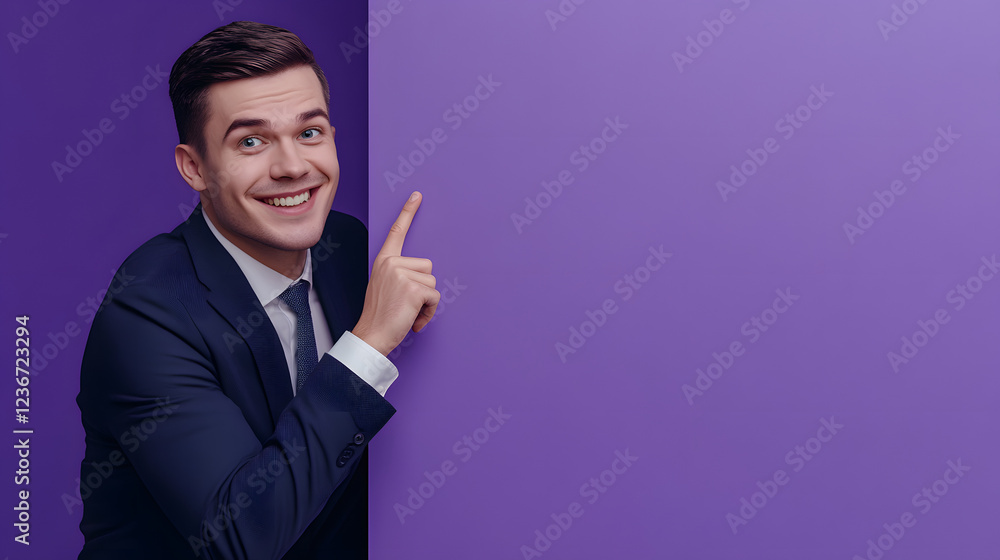 a happy businessman peeking from behind a purple wall, pointing at the empty space, isolated on a violet background with blank spaces for your advertising a happy businessman peeking from behind a purple wall, pointing at the empty space, isolated on a violet background with blank spaces for your advertising