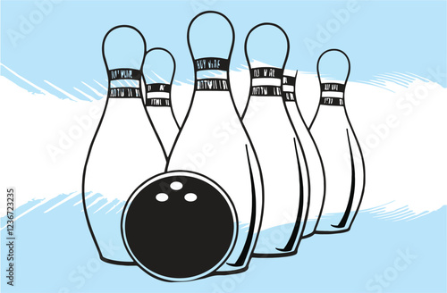 Bowling pins and bowl on white background. Sports icon skittles. Bowling club, tournaments, competition tournament poster or banner for media and web. Editable EPS 10