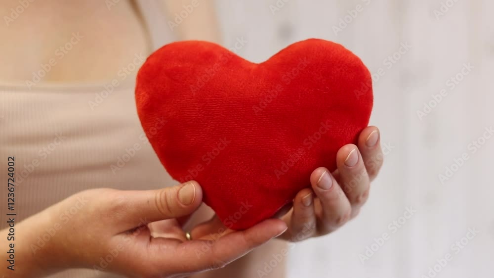 Toy heart in girl's hands. Plush soft heart in woman's hands, close-up. Valentine's Day gift, symbol of love. Emotions and state of mind. Heart as a symbol of love. Toy red soft heart Toy heart in girl's hands. Plush soft heart in woman's hands, close-up. Valentine's Day gift, symbol of love. Emotions and state of mind. Heart as a symbol of love. Toy red soft heart