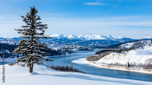 Wallpaper Mural Snowy mountain river bend winter landscape; single evergreen tree; travel postcard Torontodigital.ca