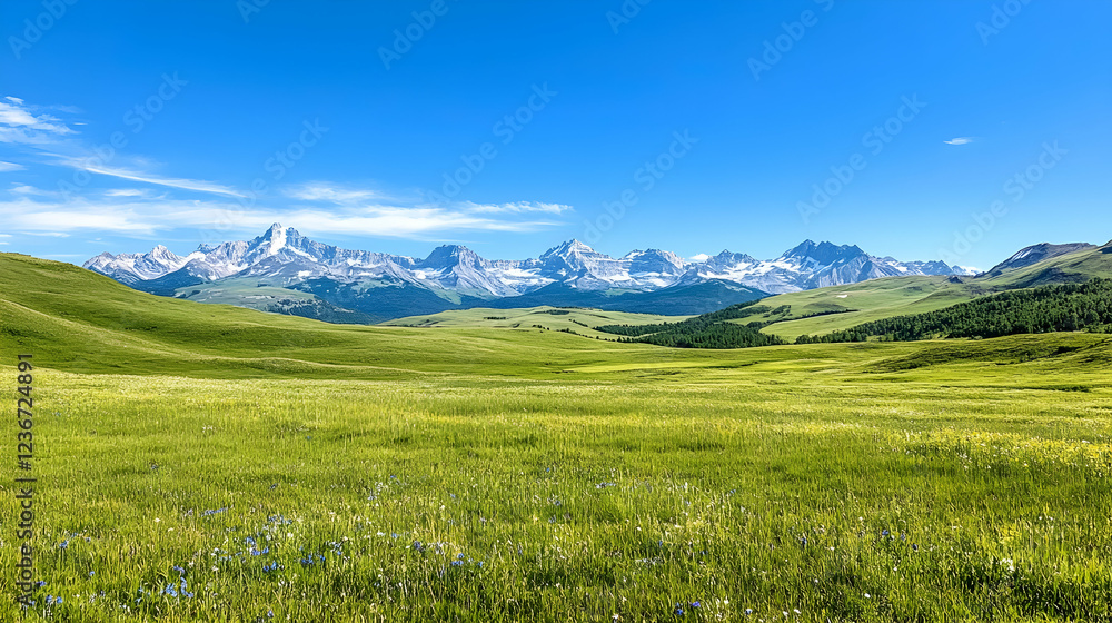 Sunny mountain meadow landscape, wildflowers, clear sky, scenic view, travel postcard Sunny mountain meadow landscape, wildflowers, clear sky, scenic view, travel postcard