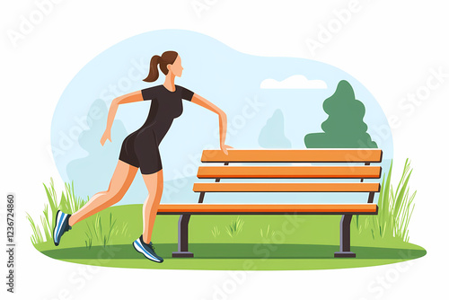 Animated scene of a person running outdoors, showcasing physical fitness and exercise near an outdoor bench in a vibrant, cartoon-style setting.