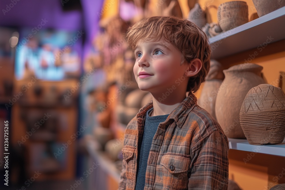 Fototapeta premium Exploring ancient artifacts in a museum display with a young boy's curiosity