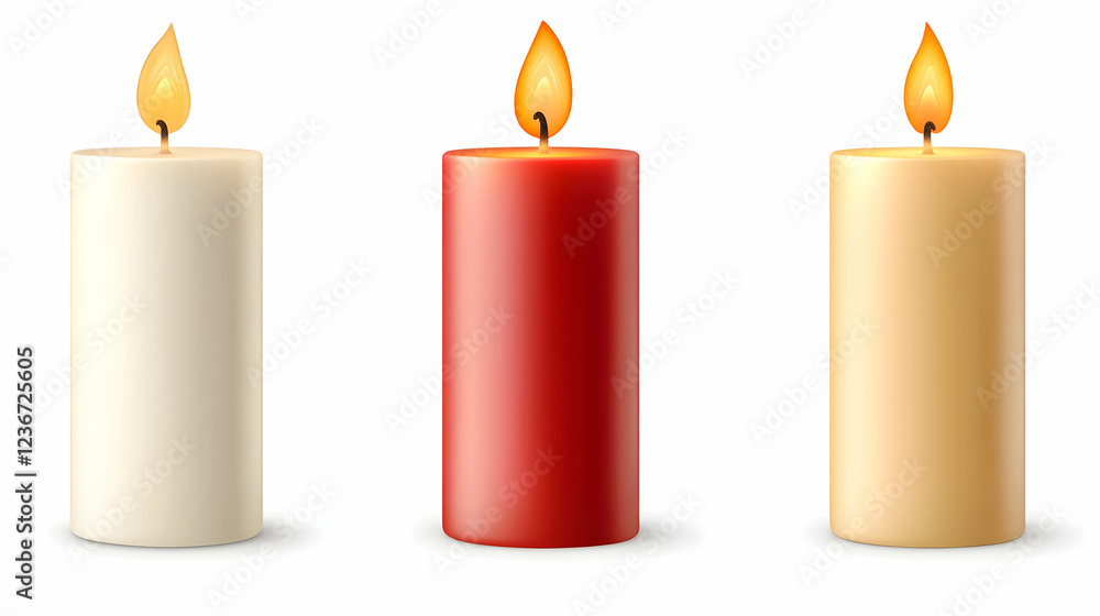 Three lit candles; white, red, beige; isolated on white background; ideal for holiday or religious themes Three lit candles; white, red, beige; isolated on white background; ideal for holiday or religious themes