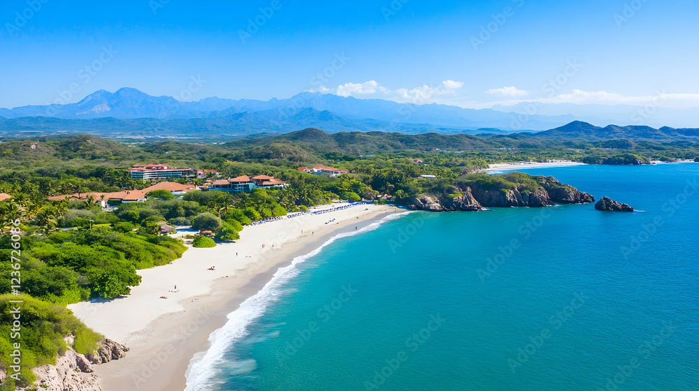 Obraz premium Tropical beach resort aerial view, mountains background, vacation paradise