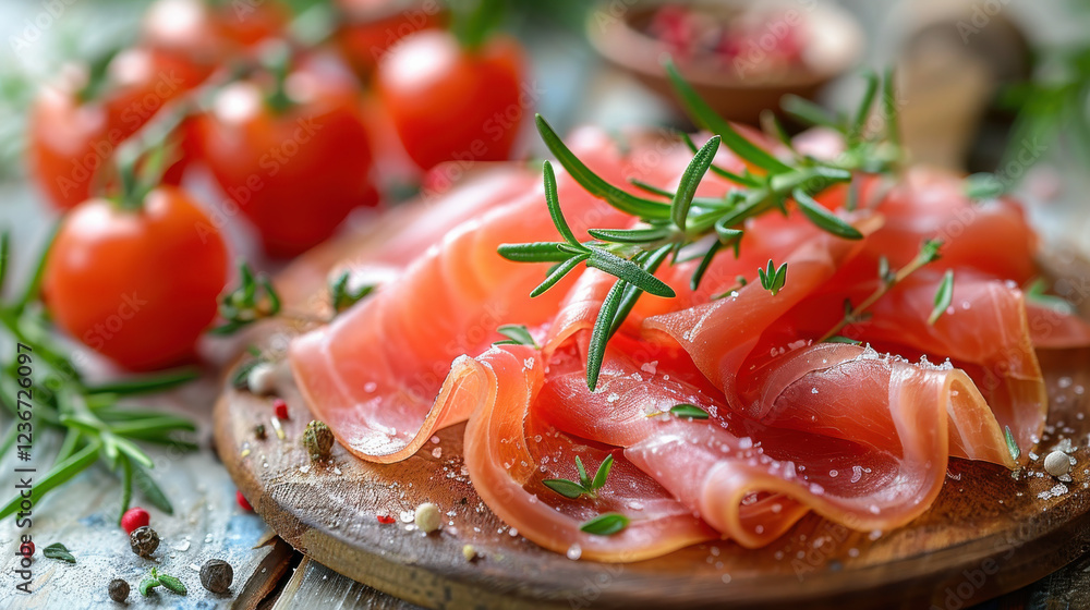 Sliced cured meat garnished with herbs and tomatoes on wooden board Sliced cured meat garnished with herbs and tomatoes on wooden board