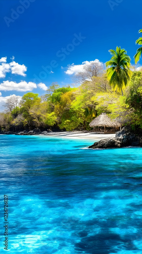 Tropical beach hut, clear turquoise water, lush green foliage, sunny sky. Vacation getaway poster