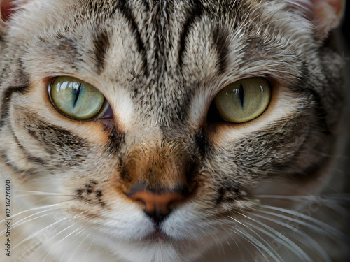 Intriguing Gaze: Close-up portrait of a tabby cat with striking green eyes, captivating the viewer with its intense and expressive stare.  The intricate details of its fur are beautifully highlighted. photo