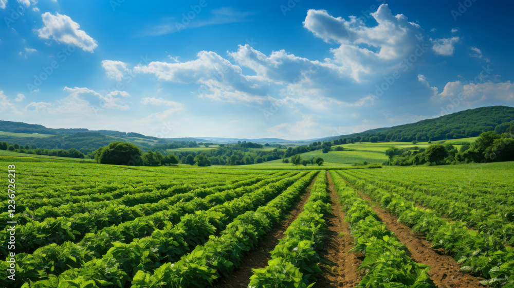 Vibrant panoramic view of expansive agricultural field showcasing lush rows of crops under a clear blue sky