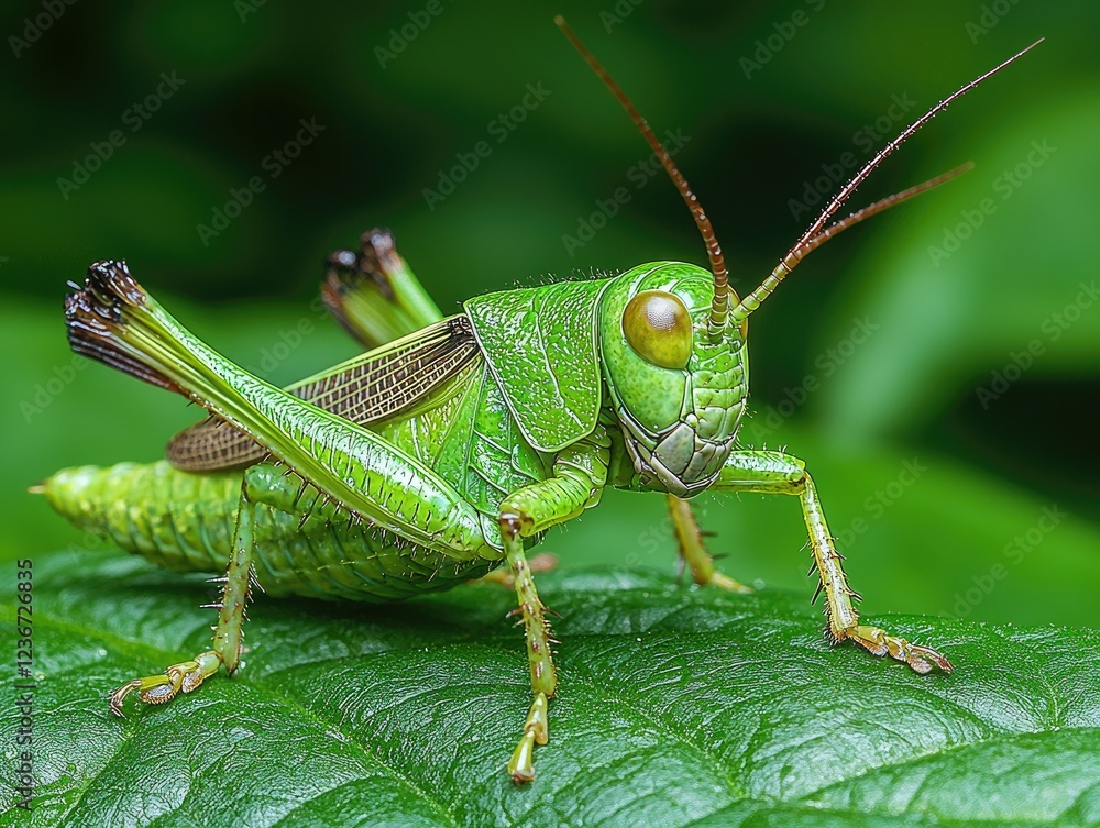 Vibrant Green Grasshopper on Lush Green Leaf Vibrant Green Grasshopper on Lush Green Leaf