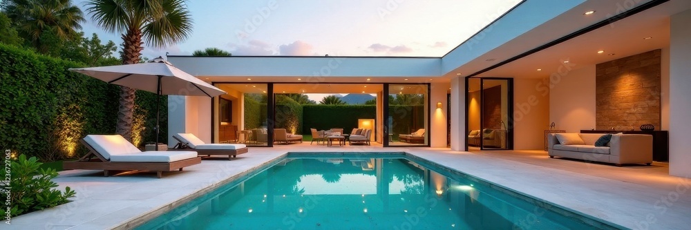 Fototapeta premium Geometric lines, open plan living, private pool patio, home decor, interior, pool