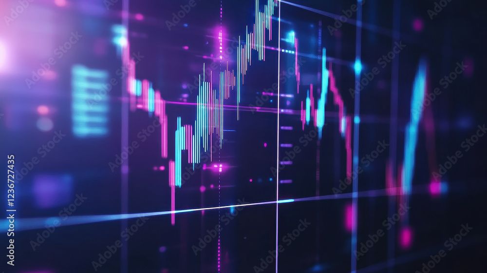 Visual representation of digital stock market trends with colorful graphs and indicators displayed on a dark background showcasing market fluctuations and trading activity Visual representation of digital stock market trends with colorful graphs and indicators displayed on a dark background showcasing market fluctuations and trading activity