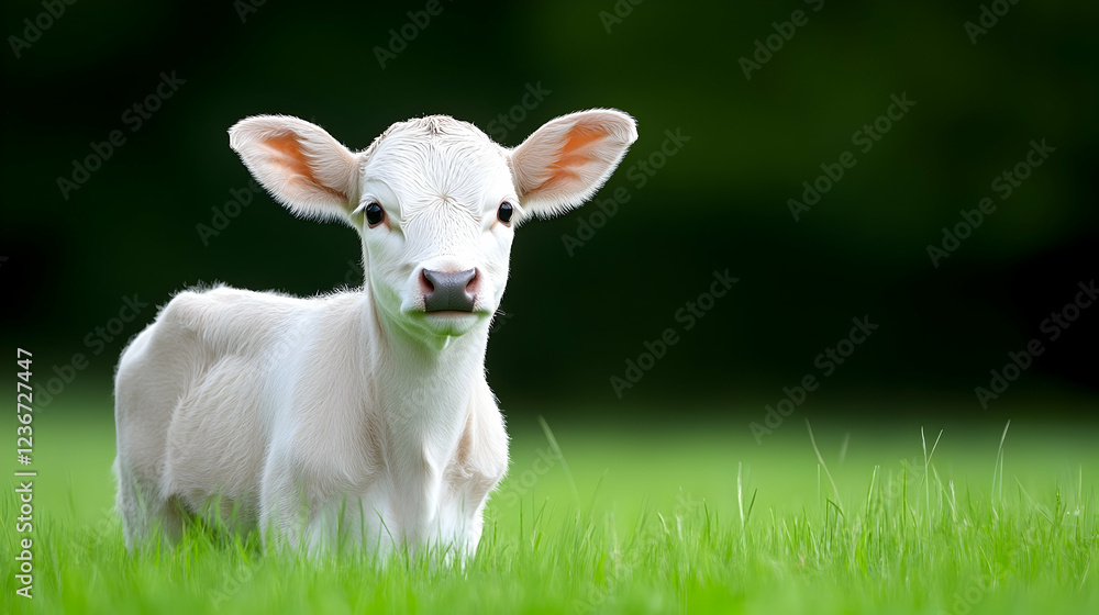White calf in green pasture, rural landscape, springtime. Perfect for agricultural or livestock publications White calf in green pasture, rural landscape, springtime. Perfect for agricultural or livestock publications