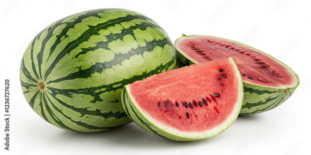 Juicy watermelon pieces are displayed with bright red flesh and distinctive green stripes. Ideal for hot days, this fruit is refreshing and packed with hydration and nutrients