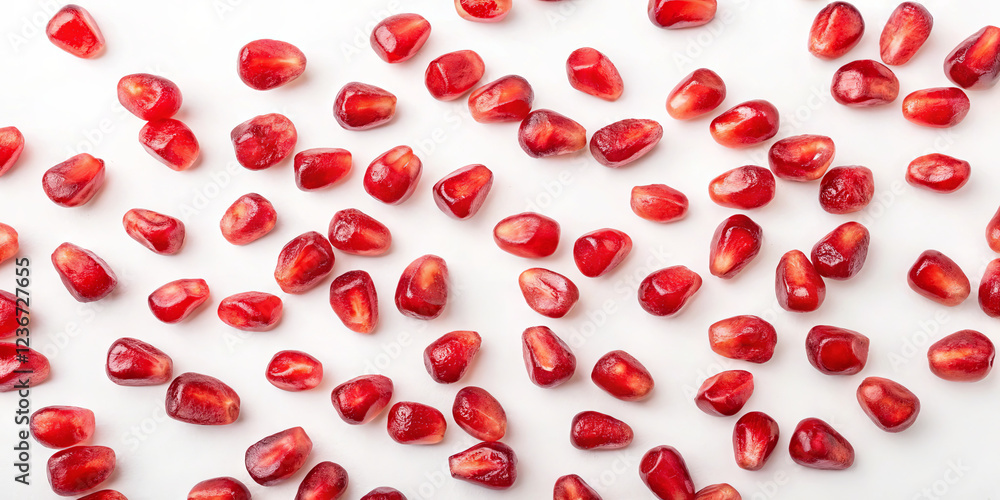 Bright red pomegranate seeds are spread evenly across a white surface, highlighting their juicy texture and rich color. Natural light enhances their freshness and appeal Bright red pomegranate seeds are spread evenly across a white surface, highlighting their juicy texture and rich color. Natural light enhances their freshness and appeal