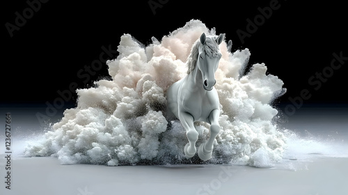 White horse leaping from powder cloud, dark background; fantasy, art, design photo