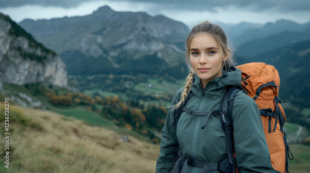 Naklejka premium Woman hiker autumn mountain landscape; travel adventure