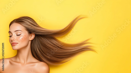 Woman, long hair, yellow background, beauty, haircare product advertising photo