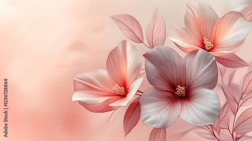 Fototapeta premium Delicate Pink Flowers and Leaves Artistic Render
