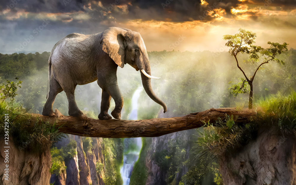 Fototapeta premium an elephant balances on a tree trunk over a ravine, AI generated
