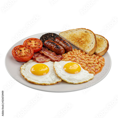 Full English Breakfast with Fried Eggs, Bacon, Sausages, and Baked Beans Isolated on Transparent Background