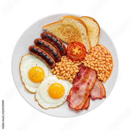 Full English Breakfast with Fried Eggs, Bacon, Sausages, and Baked Beans Isolated on Transparent Background