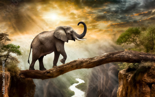 an elephant balances on a tree trunk over a canyon, AI generated photo