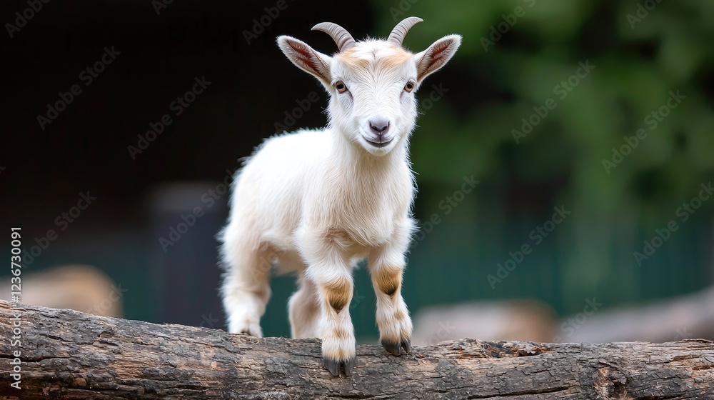 Baby goat standing on log, green background, farm setting, nature image Baby goat standing on log, green background, farm setting, nature image