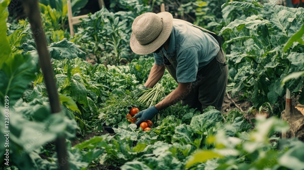 Naklejka premium Harvesting Tomatoes: A Farmer's Diligence in a Lush Garden