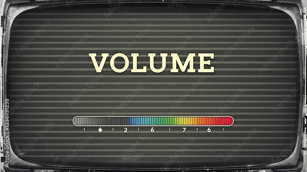 Obraz premium Retro tv volume control bar. TV screen texture. HDTV no signal problems. Bad TV signal on TV screen Noise of motion background lines. Glitch VHS concept. White glitch effect television sign